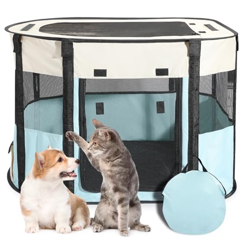 Portable Cat Playpen, Foldable Pet Tent with Carry Bag, 32 x 24 x 22 in | 360° Mesh Ventilation, 600D Oxford Fabric, Top Zip Access, 4 Tent Pegs, Indoor Outdoor Use - style: 32 x 24 x 22 inch