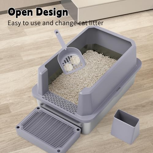 RIZZARI Open Cat Litter Box: Stainless, High Sided, Easy Clean | Spacious for Large Cats / 304 Stainless Anti-Odor / 6.5" Splash Guard / Leak-Proof Seams / Apartments & Laundry - color: Cool Gray