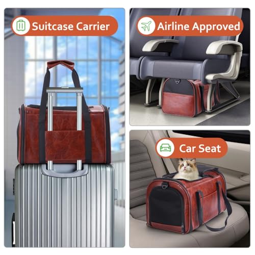Fashion Dog Carrier Pet Carrier Airline Approved Cat Carrier for Small Dogs Cats Under 15 Lbs, Vegan Leather Collapsible Soft Sided Travel Puppy Carrier - color: Coffee