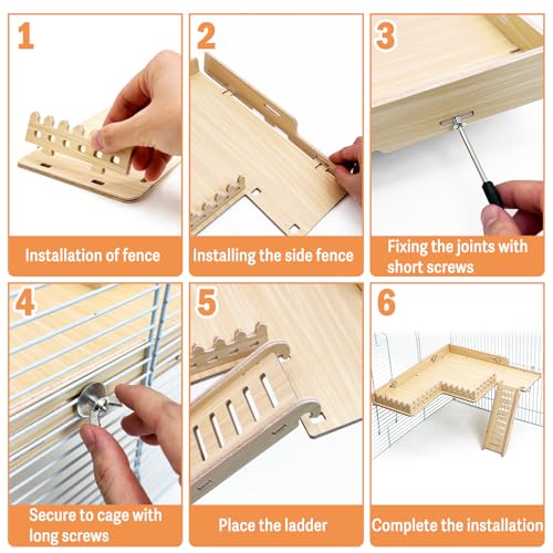 Fhiny Wooden Platform for Cage, Hanging Gerbil Climbing Platform with Ladder & Fence - Hamster Activity Playground Habitat Decor Cage Accessories for Dwarf Hamster, Gerbil, Mice, Rat, Mouse