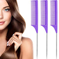 Leinuosen 3 Pack Rat Tail Comb Carbon Fiber,Purple | Steel Pin Tail for Sectioning, Heat Resistant Teasing, Pick Comb for Women Wig Styling, Fishtail Design for Salon Updos - color: Purple