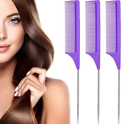 Leinuosen 3 Pack Rat Tail Comb Carbon Fiber,Purple | Steel Pin Tail for Sectioning, Heat Resistant Teasing, Pick Comb for Women Wig Styling, Fishtail Design for Salon Updos - color: Purple