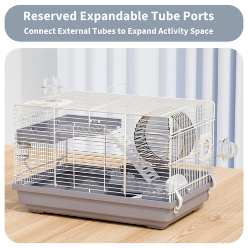 Dwarf Hamster Cage Starter Kit 19x12x12in for Dwarf Hamsters Robo Hamsters | Multilevel Dwarf Hamster Cage with Silent Wheel Ø6", 2 Platforms, 2 Tube Ports, Ladders, Water Bottle, Food Bowl - color: Gray
