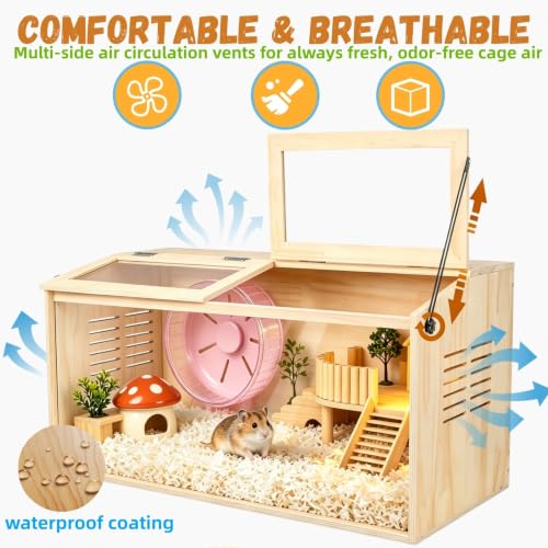 Wooden Hamster Cage,32" Lx16 Wx16 H,2 Washable Liner, Animal Cabinet for Dwarf Syrian Hamsters Degus, Hamster Habitat with Openable Top and Large Acrylic Sheets, Natural Wooden Hamster Habitat - size: 32.0"L x 16.0"W x 16.0"H