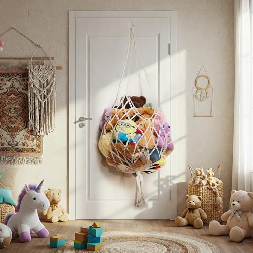 Amdermi Stuffed Animal Storage Hammock Corner Hanging Net Stuffy Animal Hammock Macrame Toy Display Plush Toy Holder for Kid Bedroom Decor Boho Nursery Playroom Organizer (Cream) - color: Cream