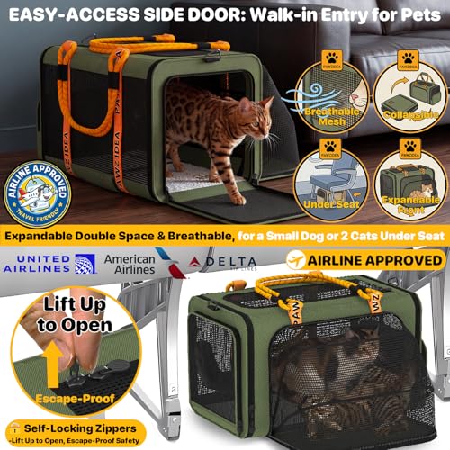 PAWZIDEA Expandable Pet Carrier Airline Approved, 18"×11"×11" Small Dog Carriers, Collapsible Top-Load Cat Carrier for 2 Cats Under Seat, Soft-Sided Puppy & Animal Travel Bag, ID Card, Up to 15lbs - color: Forest Green, size: 18.0"L x 11.0"W x 11.0"H