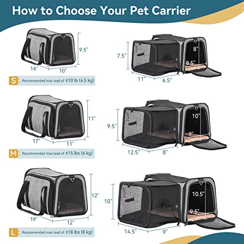 Petsfit Expandable Cat Carrier, 16"X10" X9" Pet Carrier Airline Approved, Soft-Sided Collapsible, Pet Carrier with Locking Safety Zippers, Removable Soft Plush Mat, Pocket for Pets up to 10lbs, Gray,S - color: Gray, size: 16.0"L x 10.0"W x 9.0"H