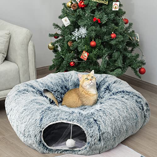 AUOON Plush Cat Tunnel Bed for Indoor Cats, 36" L x 36" W x 11.5" H, Gray | 2 in-1 Interactive Cat Toy, with Hanging Ball Toy, Machine Washable Center Pad, for Kitten Puppy Rabbit Ferret - color: Gray