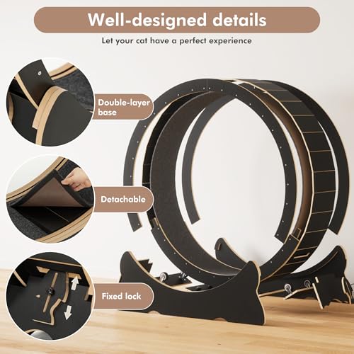Mondeer 46'' Cat Wheel with Carpet Track and Teaser, Black | Cat Exercise Wheel, 46'' XL Treadmill with Carpeted Runway, Removable Carpet and Teaser, for Indoor Cats Running and Walking. - color: Black, size: 43.3