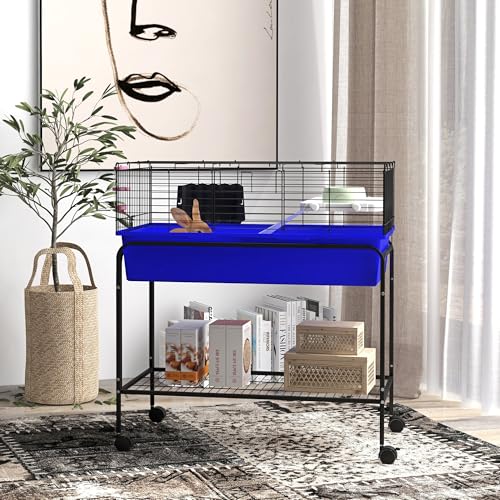 PawHut Two-Story Small Animal Cage Removable from Stand, Guinea Pig Cage with Shelf & Wheels, Pet Habitat for Hedgehog, Chinchilla, Ferret, 33" x 18.5" x 35", Blue | Removable from Stand, Guinea Pig Cage, Pet Habitat for Hedgehog, Chinchilla, Ferret - col