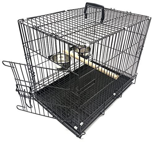 Large Durable Metal Travel or Veterinary Easy Collapsable Parrot Bird Carrier Beaks Proof Carrier Cage Easy Clean Pull Out Tray Stainless Steel Feeder Bowls Natural Wooden Perch - color: Black