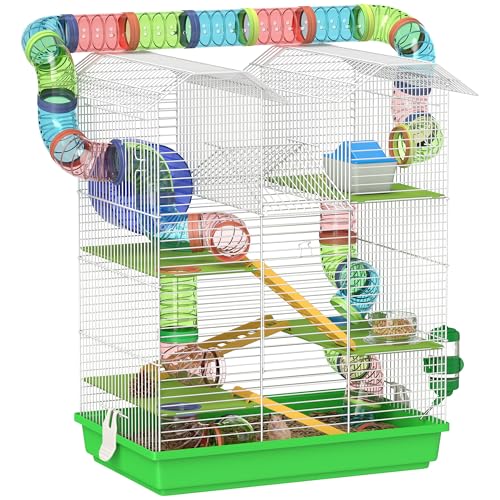 PawHut 18.5" 5 Tier Hamster Cage with Tubes and Tunnels, Green | Small Animal Cage, Rat Gerbil Habitat, Water Bottle, Food Dish, Exercise Wheel - color: Green