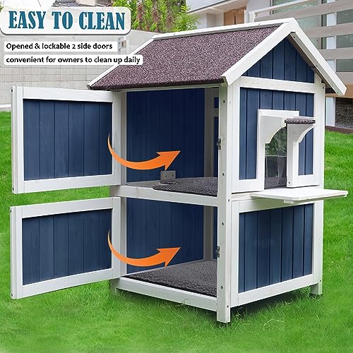 Rockever 2-Layer Outdoor Cat House with Soft Mat, Weatherproof Cat Shelter | Weatherproof blue wooden shelter with escape door, roomy resting spaces and secure protection for feral and outside cats
