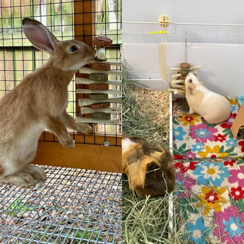 4 PCS Rabbit Chew Toys for Teeth Grinding, Delicious Bunny Cage Hanging Chew Toys, Natural Sweet Bamboo Chew Sticks and Timothy Grass Cake Hay Treats Maintaining Healthy Teeth for Rabbits