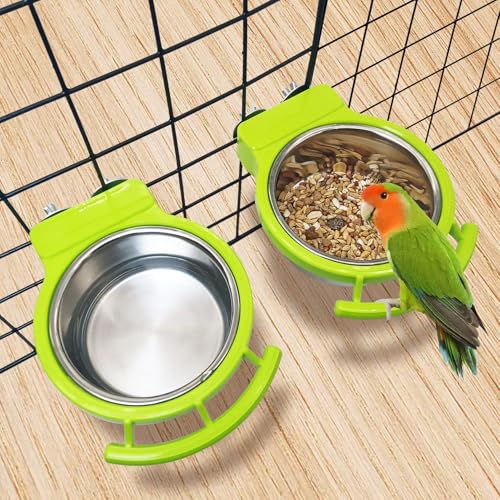 BNOSDM Hanging Stainless Steel Bird Bowls 4 PCS Bird Feeding Dish Cups with Perch Stand Birds Food Container Food and Water Bowls with Spoon for Budgie Cockatoo Finch Lovebirds Pigeons (Green) - color: 4 Pcs Green