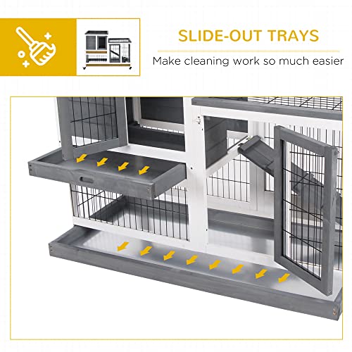 PawHut Wooden Rabbit Hutch Elevated Bunny Cage Indoor Small Animal Habitat with Enclosed Run with Wheels, Ramp, Removable Tray Ideal for Guinea Pigs, Grey | Small Animal Habitat, Enclosed Run, Wheels, Ramp, Removable Tray for Rabbits, Chickens, Ducks - co