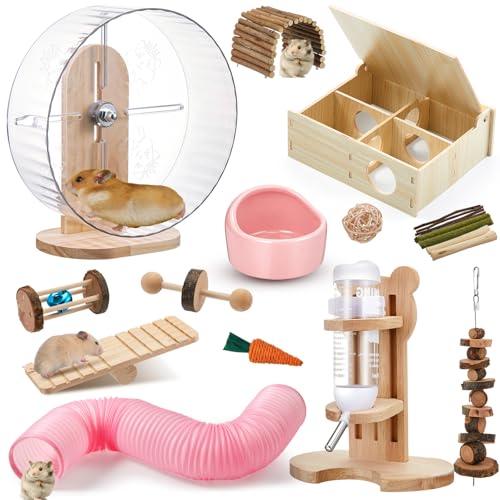 20 Pcs Hamster Toys Set, 16 Small Animal Chewing Toys, Maze Wood House, Silent Exercise Running Wheels and Water Bottle Set Feeding Bowl for Hamster Habitat Rat Cage Accessories(Pink) - color: Pink
