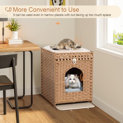 Snughome Cat Litter Box Enclosure Furniture Hidden with Litter Mat, Hidden Washroom Furniture with Door, Handwoven Rattan Cat Washroom Box, Indoor Pet House for Living Room, Bedroom(Natural) - color: Natural
