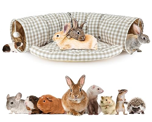 BWOGUE Bunny Tunnel Bed, 2-in-1 Collapsible Rabbit Tunnel Hideout with Mat | Removable Mat for Washing, Ball Toy for Play, Tunnel Tubes for Hiding, Soft Suede Fabric, Cats Rabbits Guinea Pigs - color: YellowPlaid