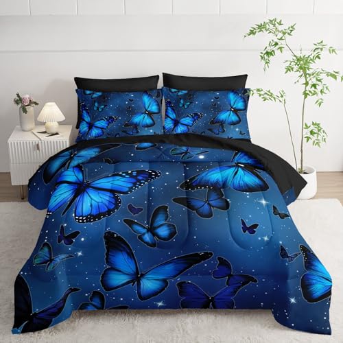 7Pcs Blue Butterfly Comforter Set Animals Printed Bedding Set with 1 Comforter, 1 Flat Sheet, 1 Fitted Sheet and 4 Pillowcases for Boys and Girls Bedroom (Butterfly Queen - color: Butterfly, size: Queen 90x90inches