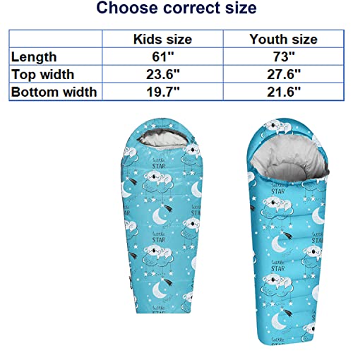 KidzAdventure Mummy Style 32 – 59F Kids Sleeping Bag with Pillow Sleeve, 4 Season, Lightweight and Backpacking Style, Ideal for Camping, Sleepover, Boys, Girls, and Youth - color: Sky blue kids up to 4\'3"