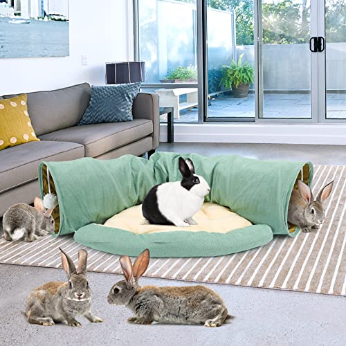 BWOGUE Bunny Tunnel Bed, 2-in-1 Collapsible Rabbit Tunnel Hideout with Mat | Removable Mat for Washing, 46.8 in Length, Ball Toy for Play, Soft Suede Fabric, Cats Rabbits Guinea Pigs - color: Green
