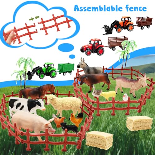 Kimicare 3 Pack Farm Toy Tractor with 40pcs Plastic Farm Animals Figurines and Fence Farm Playset, Farm Figures Farmer Vehicle Toy Truck with Trailer Birthday Gifts Christmas Stocking Stuffers - style: Farm Animals Figures