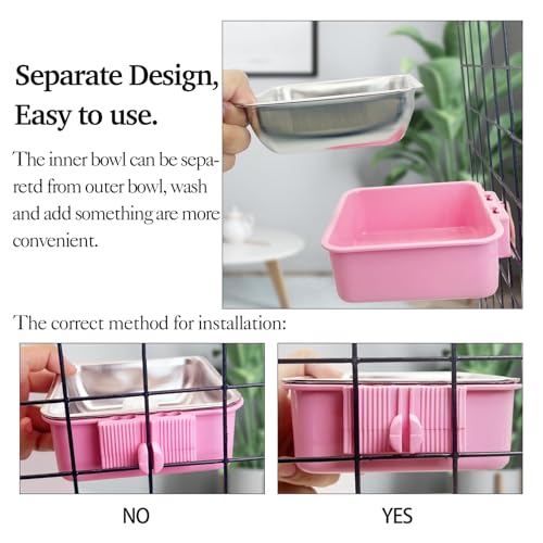 kathson Crate Dog Bowl, Removable Stainless Steel Hanging Pet Kennel Cage Bowl Food & Water Feeder Coop Cup for Puppy, Cat, Rabbit,Guinea Pigs 2pcs Large Square(Blue,Pink) - color: Large square (Blue, Green), size: 2 PCS