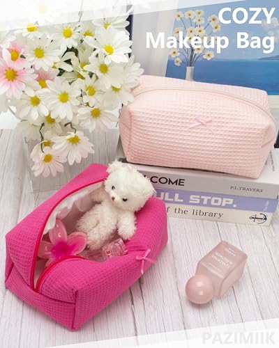 PAZIMIIK Cozy Makeup Bag for Women,Zipper Cosmetic Pouch,Waffle Hotpink | Soft Cosmetic Organizer for Makeup,Skincare,Toiletries,Daily Beauty Essentials,Purse,On-the-Go,Bridesmaid Gifts - color: Waffle Hotpink