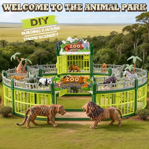 Complete 248PCS Animal Playground Set with 14 Realistic Wild Animals – Build Your Own Animal Park, Interactive Playset with Openable Fences & Battle Station, for Boys Girls Kids Toddlers 3-8 - color: Green