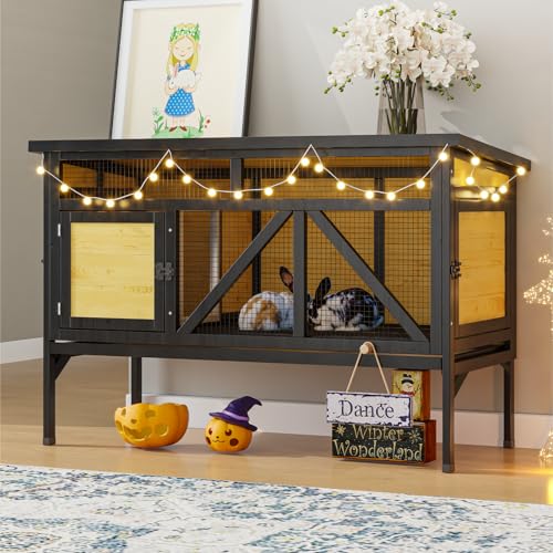 TIMHAKA 46.7" Rabbit Cage Elevated Bunny Cage Indoor, Outdoor Rabbit Hutch Hamster Cages for Small Animals, Wooden Guinea Pig Cages with Removable Tray & Waterproof Asphalt Roof & Bottom Wire Mesh - size: 46.7"L x 22.1"W x 31.5"H