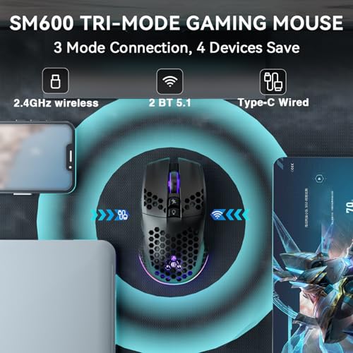 SOLAKAKA SM600 Honeycomb Shell Gaming Mouse Wireless,Tri-Modes BT/2.4G Wireless/Type-C Wired Gamer Mouse with 2 Side Buttons, Macro Programmable and RGB Light for PC/Mac/Laptop,Black - color: black