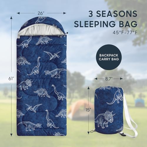 Wake In Cloud - Kids Sleeping Bag for Boys Toddlers, Camping in Warm Cold Weather, Backpacking Lightweight Compact Outdoor Liner for 3 Seasons, Dinosaur Sketch - color: Navy Blue