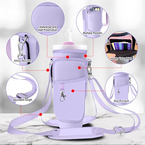 Stanley Carrier Bag for Stanley 40oz/30ozTumbler with Phone with 2 Adjustable Strap,3 Pockets Bottle Stanley Cup Carrier Bag & Case,Accessories for Hiking Travelling - color: Purple
