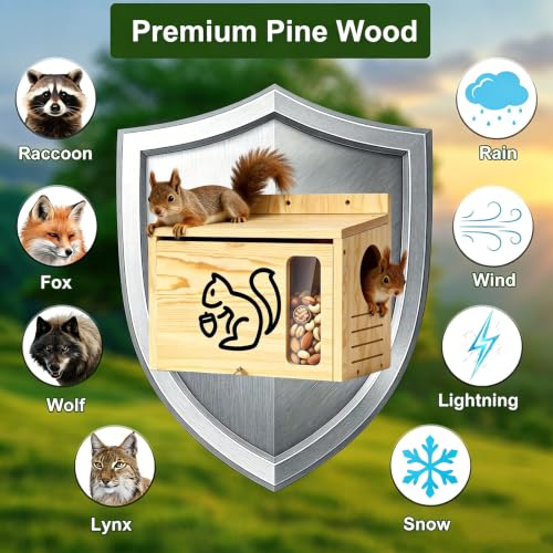 Widened Medium Wooden Squirrel House for Outside | Dual Protective Entry Design with Squirrel Feeder, Squirrel Nesting Box, Easy Assembly - size: Widened Medium