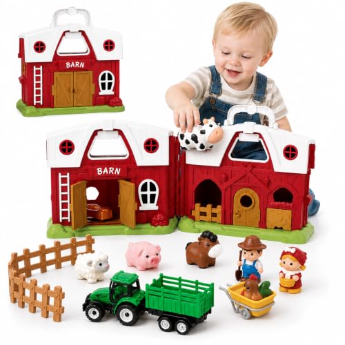 Farm Animal Toys for Toddlers 1-3, Big Barn Montessori Learning Playset | Animal Finger Puppets, Farm Mat and Tractor, Interactive Pretend Play, Christmas Birthday Gifts for 12-18 Months+