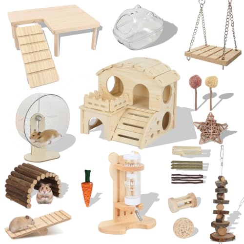 Hamster Cage Accessories & Habitat Set, Wooden Maze House, Adjustable Silent Wheel, Water Bottle Set, Wooden Bench，Sand Bath tub & Chew Toys, 20 Pcs Kit for Dwarf Hamster Gerbil Mouse (Upgrade) - size: Upgrade