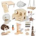 Hamster Cage Accessories & Habitat Set, Wooden Maze House, Adjustable Silent Wheel, Water Bottle Set, Wooden Bench，Sand Bath tub & Chew Toys, 20 Pcs Kit for Dwarf Hamster Gerbil Mouse (Upgrade) - size: Upgrade