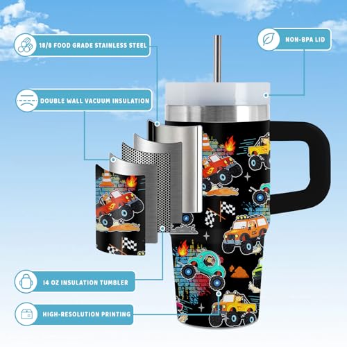 Truck 14oz Tumbler, with Handle Straw, Stainless Steel Sport Cup | 14 oz Insulated Water Bottle, Travel Vacuum Coffee Mug, Thanksgiving Christmas Birthday Gift for Son, Car Lover Gifts - color: Truck-Black
