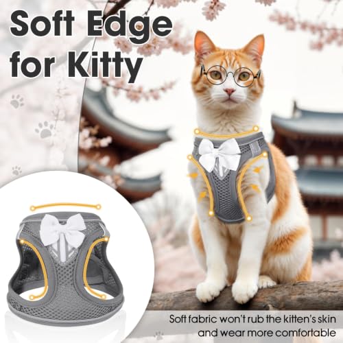 Cat Vest Harness and Leash Set, Escape Proof Kitten Harness Grey XS | Safe Reflective Strips, Adjustable Easy Wear Kitty Harness, Sturdy Clip Buckle, Breathable Mesh , for Kitty Puppy Bunny Walks - color: Grey, size: XS