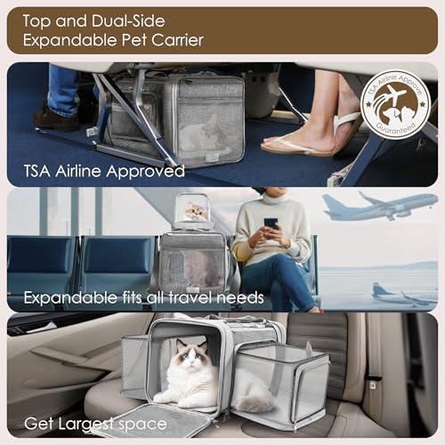 Top and 2 Sides Expandable Pet Carrier 17x11x9.5 TSA Airline Approved | Dog Carriers for Small Dogs, Soft-Sided Cat Carrier, Anti-Scratch Mesh, Lockable Zippers, for Kitten, Rabbit, Puppy, Grey - color: Grey, size: 17.0"L x 11.0"W x 9.5"H