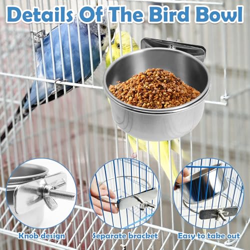 kathson 4 Pack Stainless Steel Bird Bowls, Parrot Feeding Dish Cups with Clamp Holder Bird Feeders Water Cage Bowl for Parakeet Cockatiels Conure Budgies Lovebird Finch and Small Animals