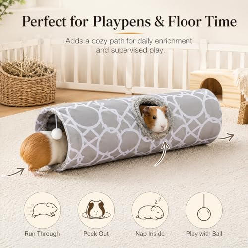 Plush Inside Stright Shape Small Animals Tube Tunnel with Interactive Ball for Guinea Pig, Hamster, Chinchilla, Hedgehog Hiding and Resting, Geometric Grey - size: S