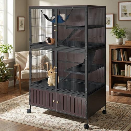 60" Large Ferret Cage, Multi-Level Small Animal Mansion with 4 Wheels, 3 Metal Ramps & Hammock for Chinchillas, Rabbits, Guinea Pigs, Includes PP Trays & Storage Cabinet - size: 59.1"L x 36.2"W x 23.0"H