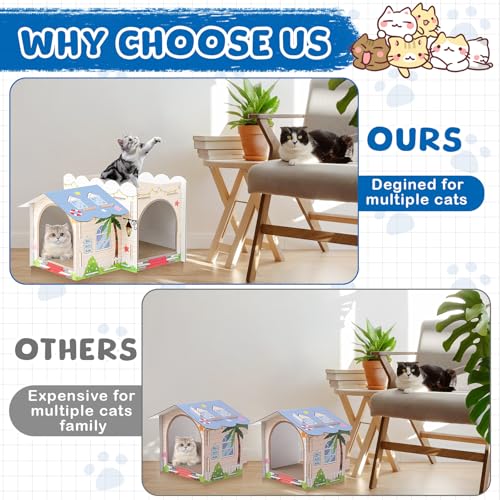 Lineshading 2 Story Cardboard Cat House with Scratcher Pad, Multi Level Durable Cat Scratcher House for Small Kitten Bunny Rabbit Animals Christmas Birthday Gift(17x12x10,Beach) - style: Beach