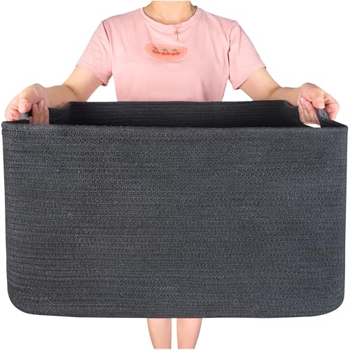 22in Extra Large Blanket Basket Holder Living Room, Rectangle Rope Woven Storage Basket with Handles for Laundry, Pool Towels, and Shoes, Dog Toy Organizer Bin Box, Charcoal - color: Charcoal Gray