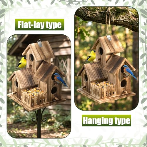 Bird House for Outside, Outdoor 3 Hole Bird House Room Bluebird Finch Wooden Hanging Birdhouse Handmade Wooden Hummingbird-House for Garden,Courtyard, Backyard Bluebirds, Finches, Cardinals
