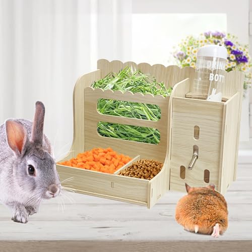 Hamiledyi Rabbit Hay Feeder Guinea Pig Food Holder Bunny Wooden Food Bin Feeder with Water Bottle Small Animals Hay Manger Wood Food Bowls for Guinea Pigs Rabbits Chinchillas Bunnies