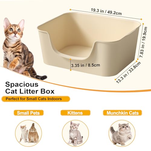 Low Entry Cat Litter Box with High Sides - Open-Top Anti-Splash, Durable Easy-Clean Pan for Kittens, Munchkin Cats, Senior Medium-Sized Cats & Small Pets (Rabbits), 19.3”x13.3”x7.8” Beige