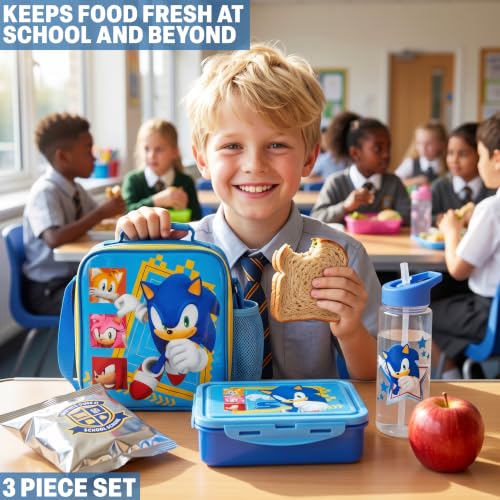 Get Trend Sonic the Hedgehog Boys Lunch Box 3Pc Set | Kids Insulated Lunch Bag with BPA-Free Water Bottle and Snack Box, Back to School Gifts for Boys - color: Blue Sonic